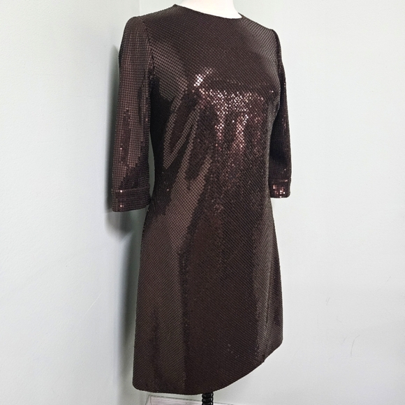 Chetta B All Over Sequin Dress Brown Sleeves Size 8 Chic Classy NWOT - Picture 1 of 9